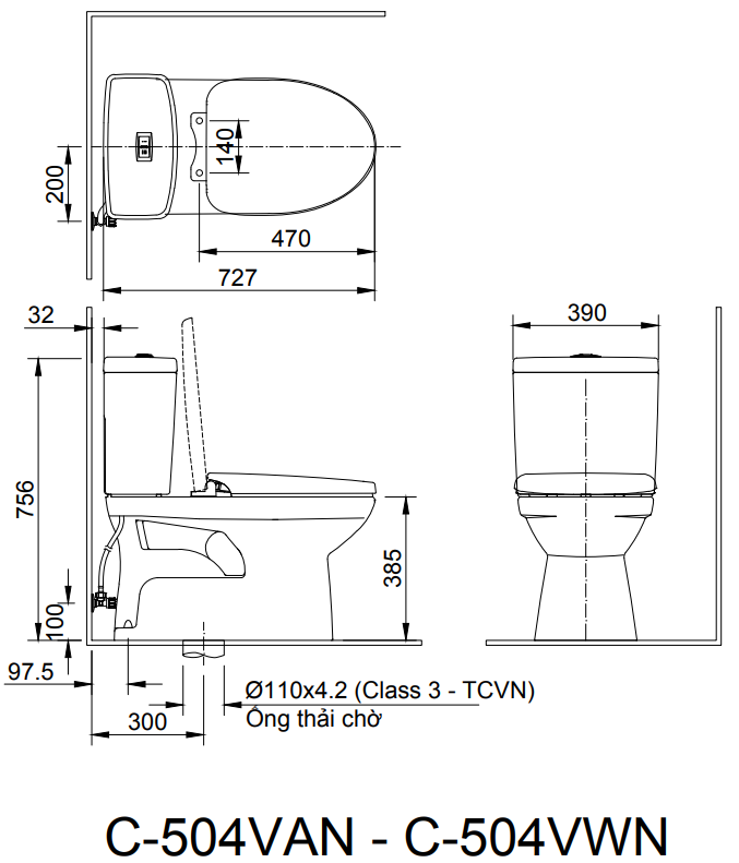 Kích thước Bồn Cầu INAX C-504VWN Hai Khối Nắp Êm