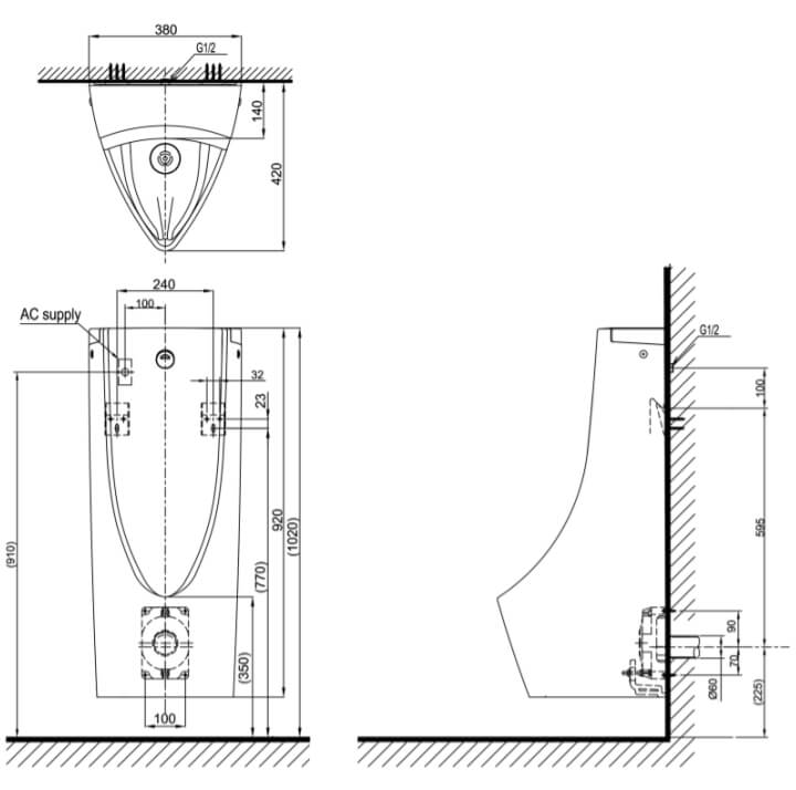 Kích thước Tiểu nam treo tường kèm van cảm ứng tự động TOTO USWN900AE HHF90603