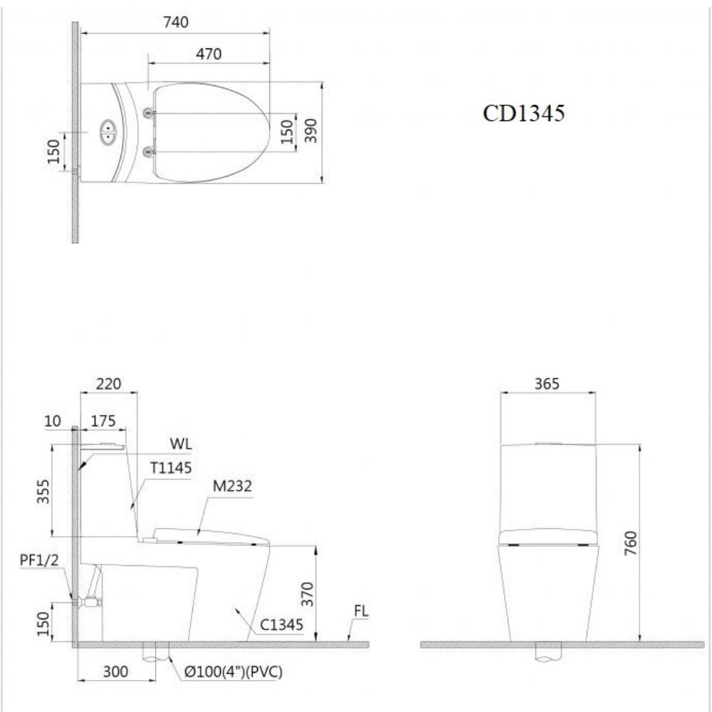 Kích thước Bồn Cầu Kết Hợp Nắp Cơ CAESAR CD1345-TAF050