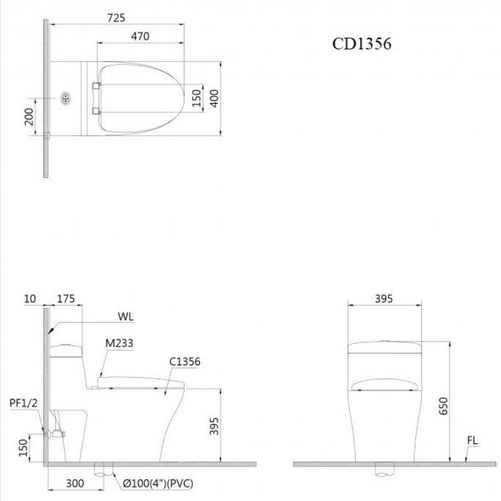 Kích thước Bồn Cầu Kết Hợp Nắp Cơ CAESAR CD1356-TAF050