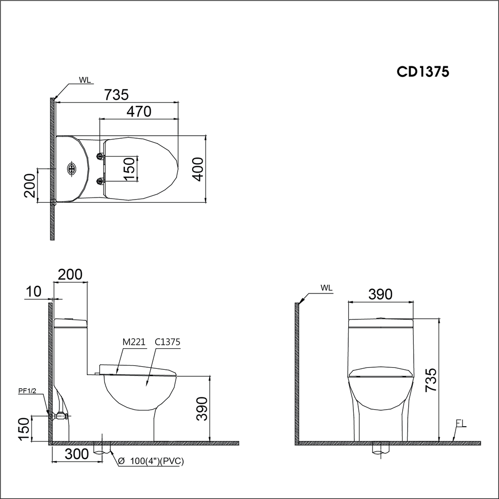 Kích thước Bồn Cầu Kết Hợp Nắp Cơ CAESAR CD1375-TAF050