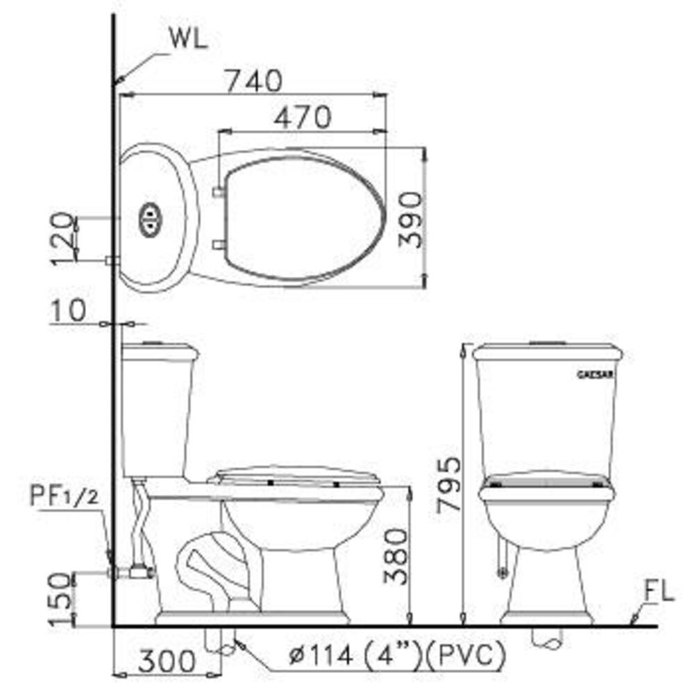 Kích thước Bồn Cầu CAESAR Hai Khối Nắp Êm CD1331