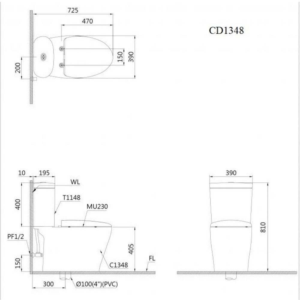 Kích thước Bồn Cầu CAESAR Hai Khối Nắp Êm CD1348