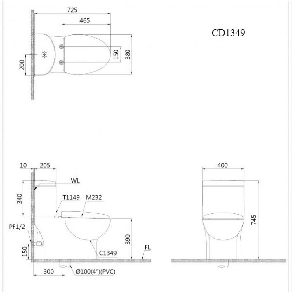 Kích thước Bồn Cầu CAESAR Hai Khối Nắp Êm CD1349