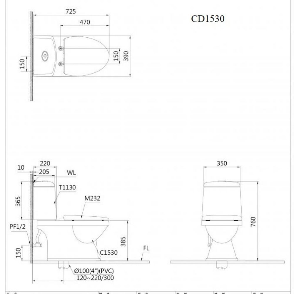 Kích thước Bồn Cầu CAESAR Hai Khối CD1530