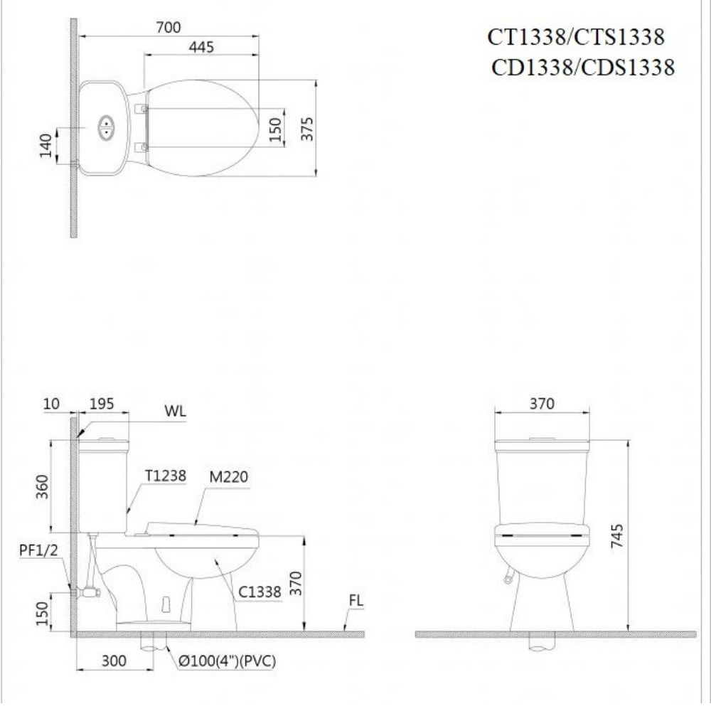 Kích thước Bồn Cầu CAESAR Hai Khối (Nắp Êm)-CT1338 ( CTS1338)