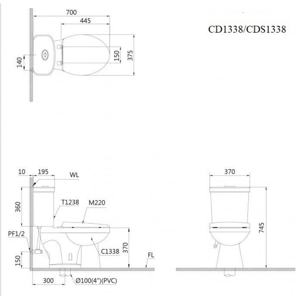 Kích thước Bồn Cầu CAESAR Hai Khối (Nắp Êm)-CD1338 (CDS1338)