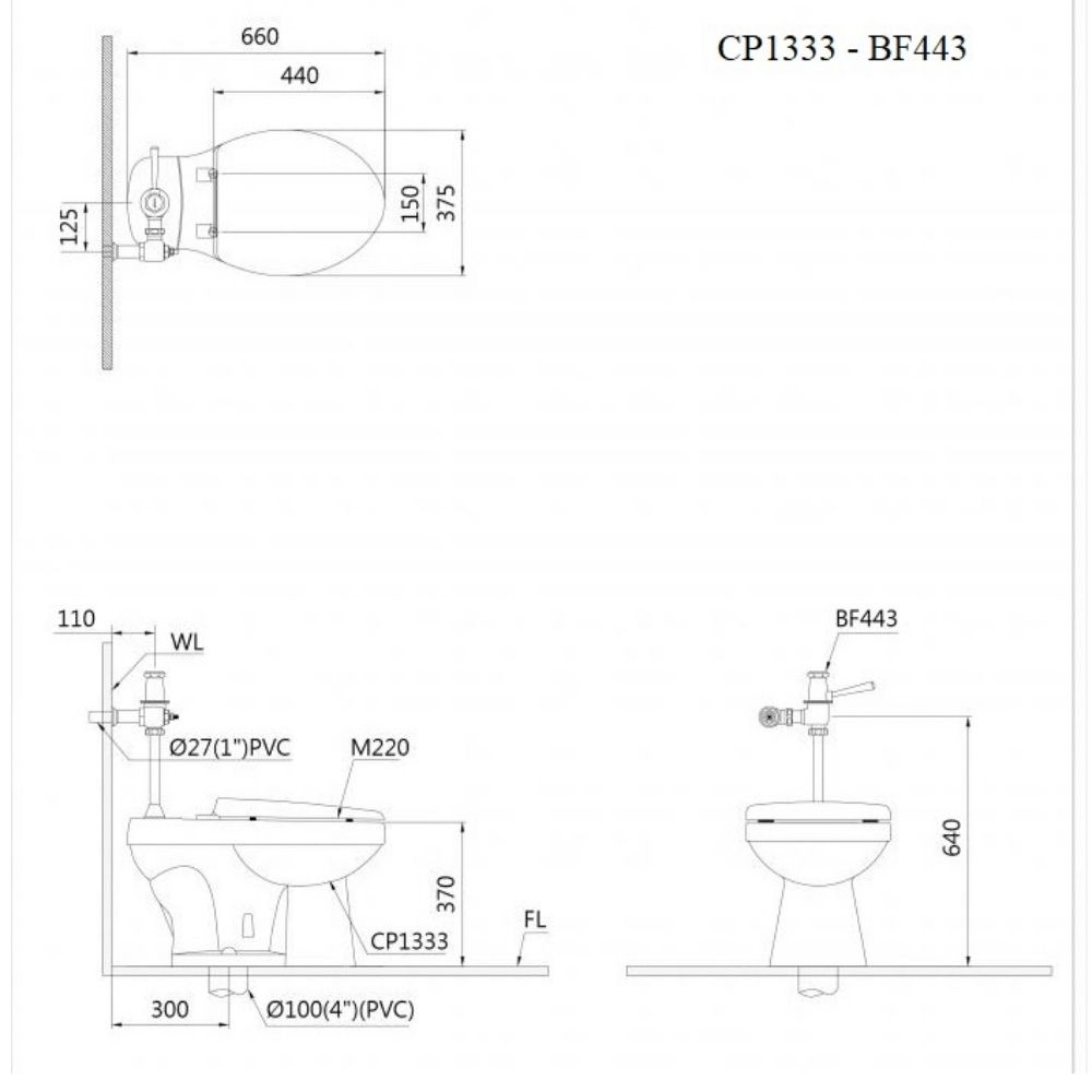 Kích thước Bồn Cầu CAESAR Xả Gạt Tay-CP1333+BF443