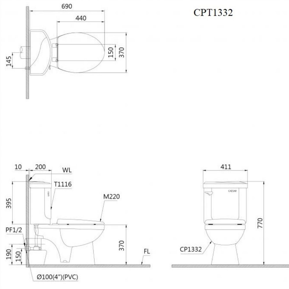 Kích thước Bồn Cầu CAESAR Thoát Ngang CPT1332