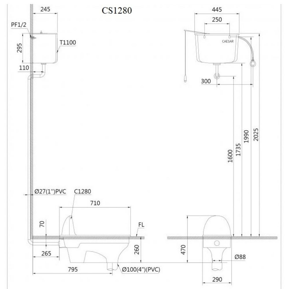 Kích thước Bàn Cầu CAESAR Xổm-CS1280