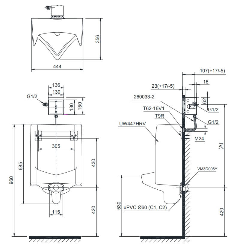 Kích thước Tiểu nam treo tường (Đường cấp nước phía sau) TOTO UT447HR