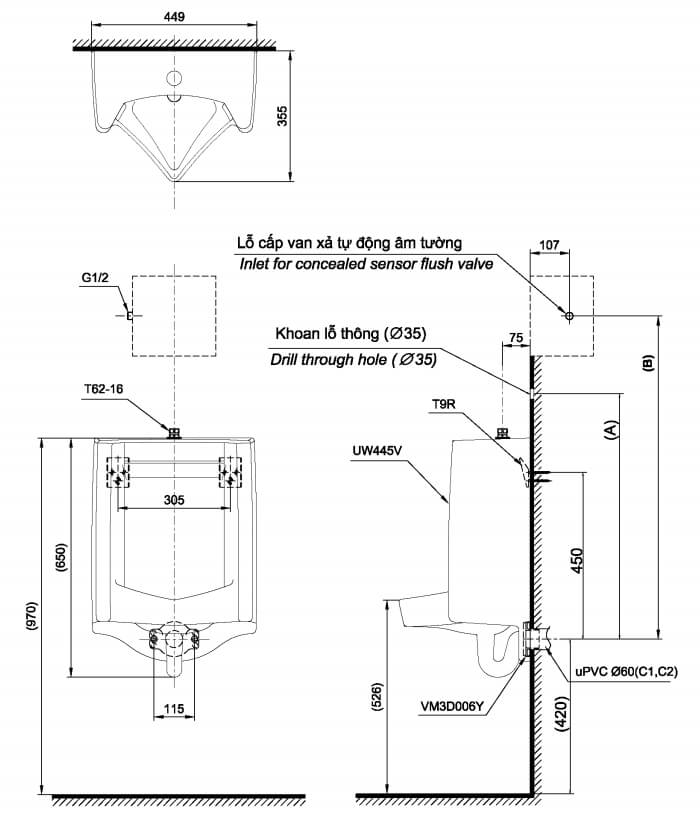 Kích thước Tiểu nam treo tường (Đường cấp nước phía sau) TOTO UT445H