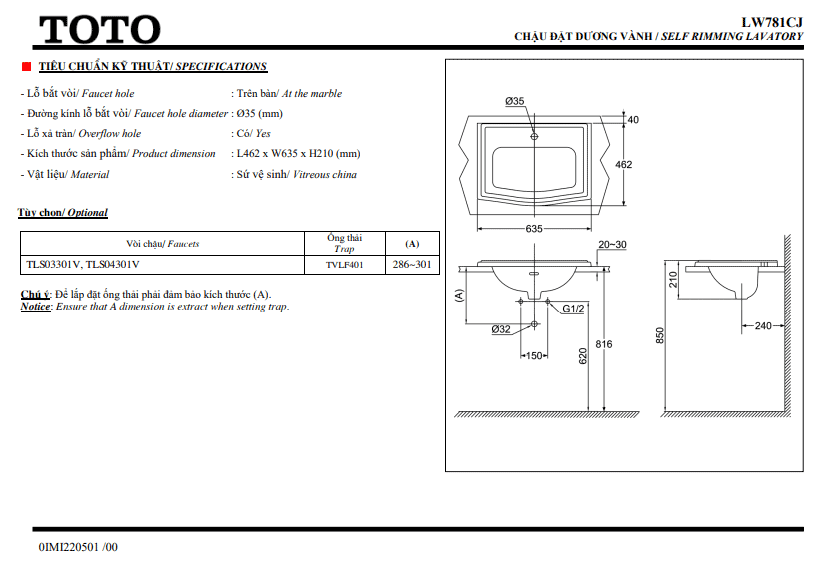 Thông số kỹ thuật Chậu lavabo đặt dương vành TOTO LW781CJ