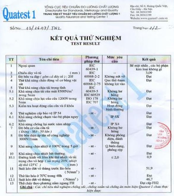 Kết quả thử nghiệm Hộp MCCB nhựa composite ngoài trời 623x239x180mm ép nóng